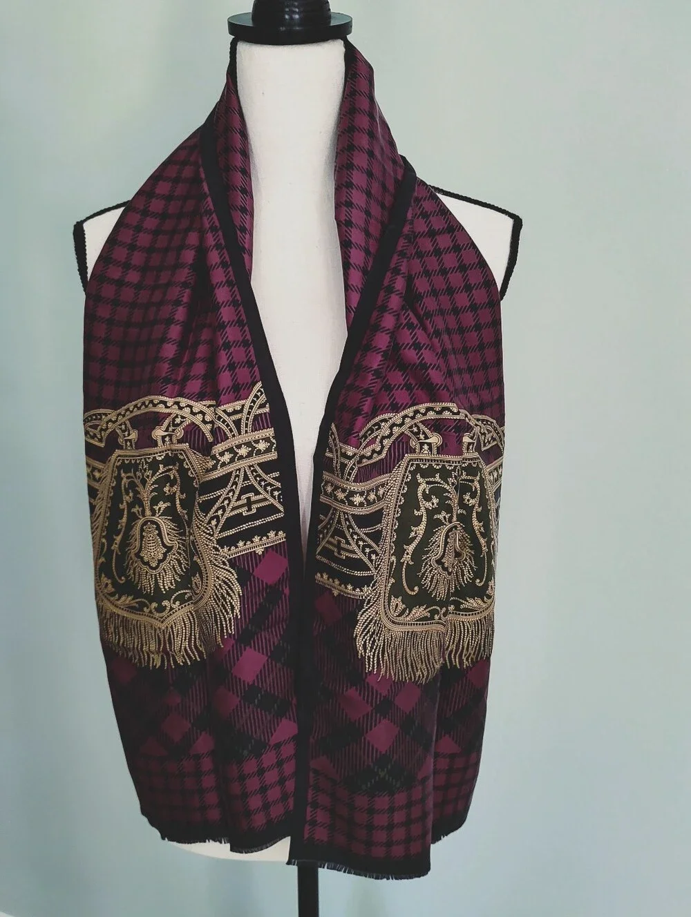 Vintage Talbots Japanese Silk Stole Scarf Scottish Fringe Style Check 90s